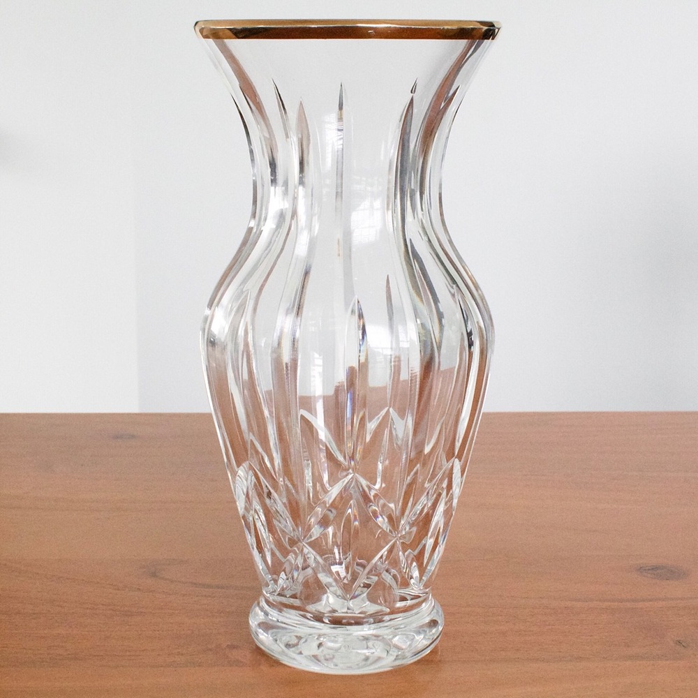 Vintage Block Polish Crystal Glass Vase Gold Rim Made in Poland